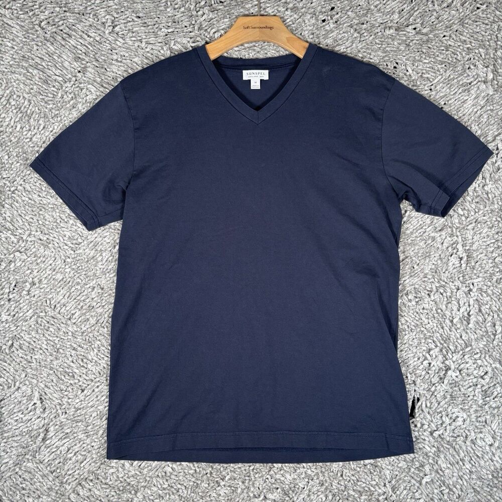 Sunspel England V-Neck T-Shirt Mens Medium Navy Blue Short Sleeve Preppy Stretch